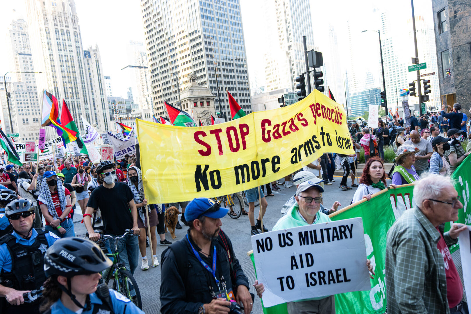 Demonstrators call for an end to aid to Israel during the “Let’s Crash the Party” march down Michigan Avenue in Chicago on Sunday ahead of the 2024 Democratic National Convention. (Bill Clark/CQ Roll Call)