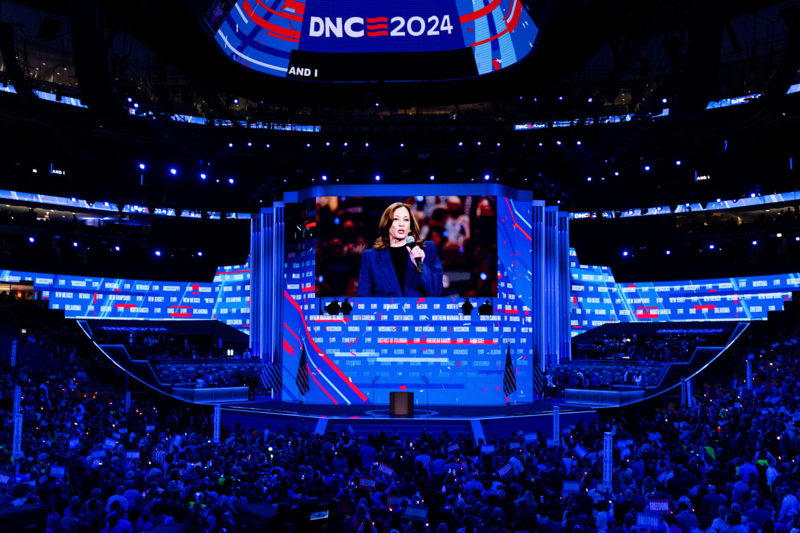 Vice President Kamala Harris speaks to the Democratic National Convention from Milwaukee after the roll call vote in Chicago on Tuesday. 