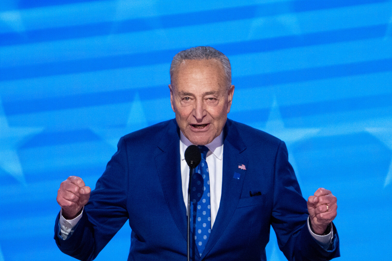 Senate Majority Leader Chuck Schumer, D-N.Y., speaks during day two of the 2024 Democratic National Convention in Chicago this month.