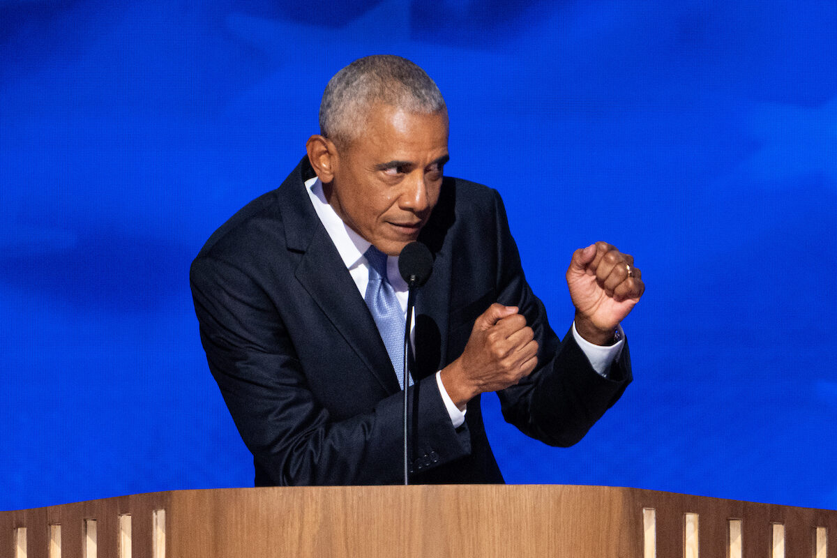 Former President Barack Obama speaks during day two of the 2024 Democratic National Convention in Chicago on Tuesday.