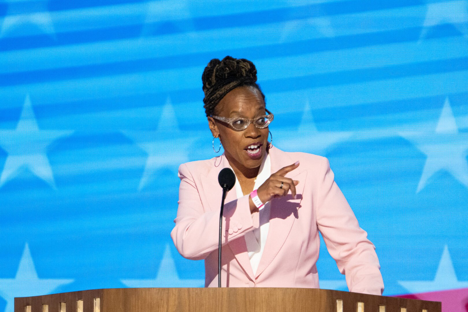 Lateefah Simon, candidate for Congress from California, speaks at the 2024 Democratic National Convention in Chicago on Wednesday. (Bill Clark/CQ Roll Call)