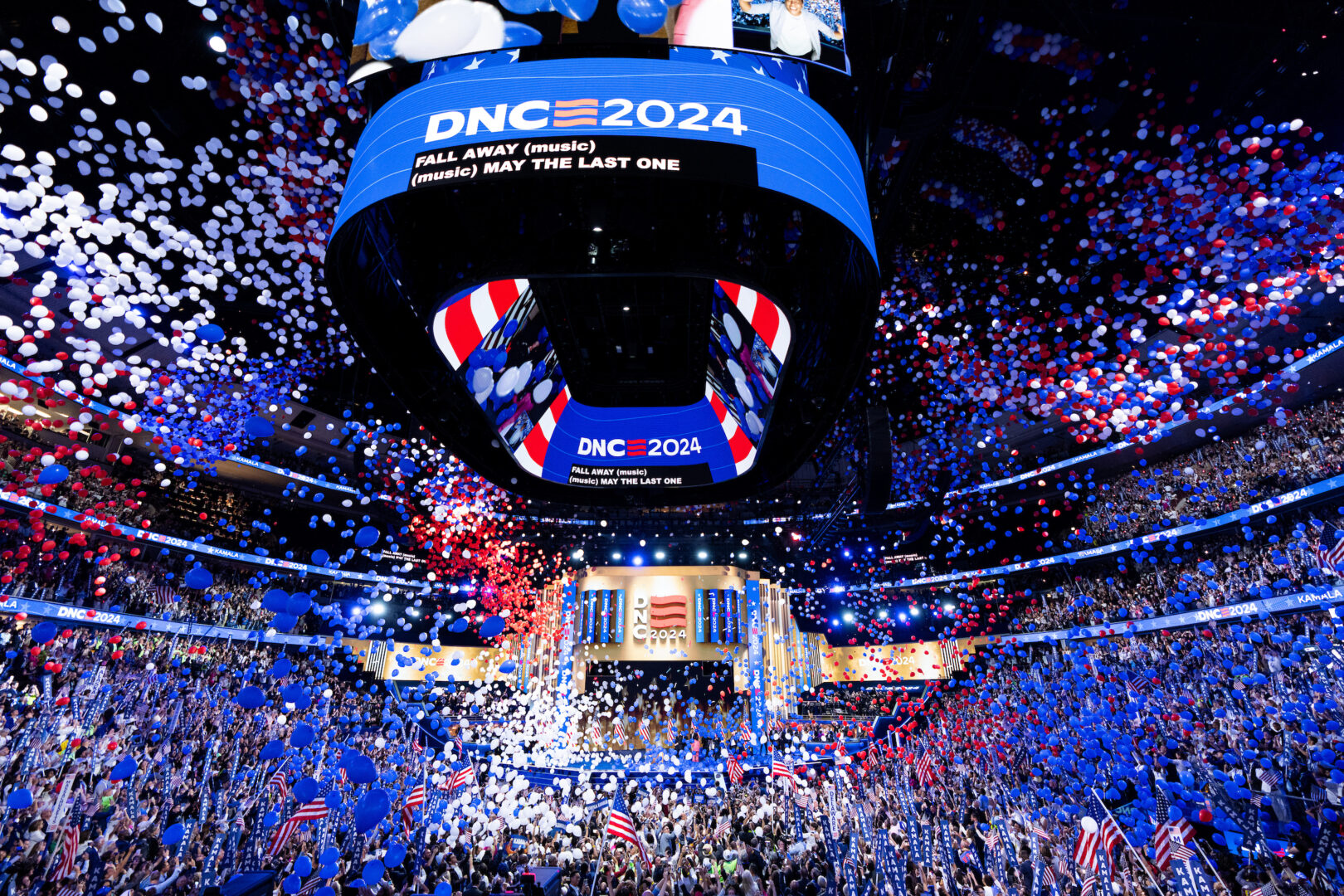 Balloons drop after Vice President Kamala Harris’ acceptance speech during the final night of the 2024 Democratic National Convention in Chicago on Thursday.