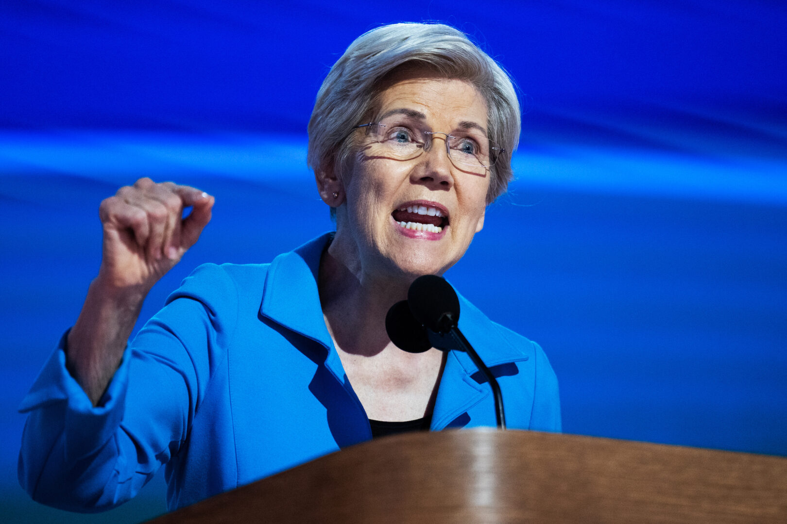 Sen. Elizabeth Warren, D-Mass., speaks on the final night of the Democratic National Convention at the United Center in Chicago on Thursday, Aug. 22, 2024. Three Republicans are squaring off Tuesday for the chance to face Warren in November.