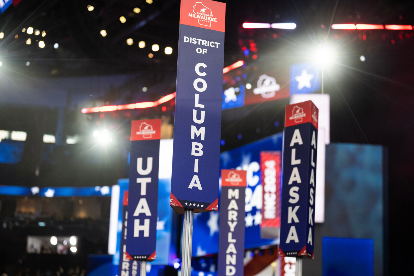 A sign for the Washington, D.C., delegation is seen at Fiserv Forum on the first day of Republican National Convention in Milwaukee. 