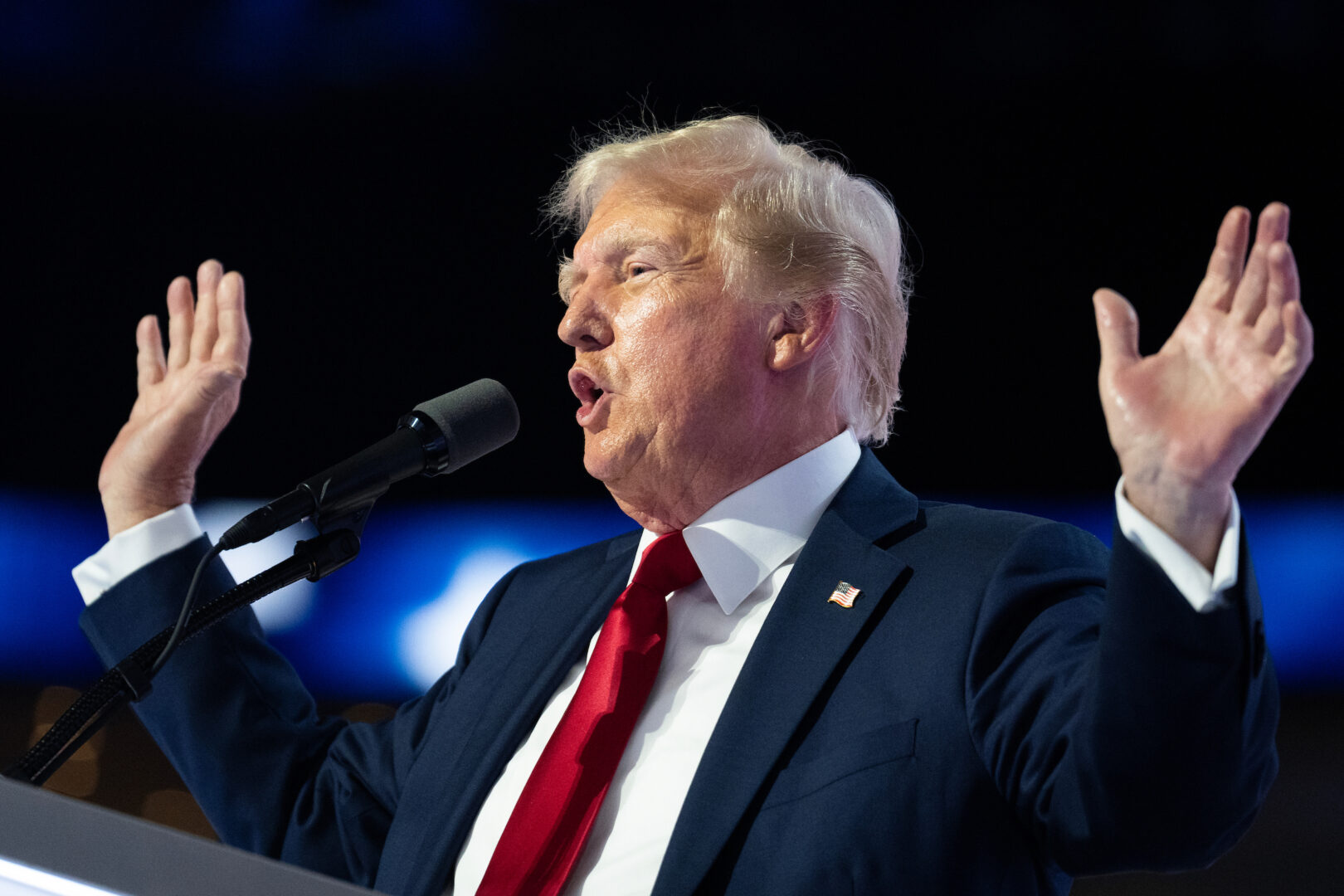 Former President Donald Trump speaks in the Fiserv Forum on the last night of the Republican National Convention in July in Milwaukee, Wis. 