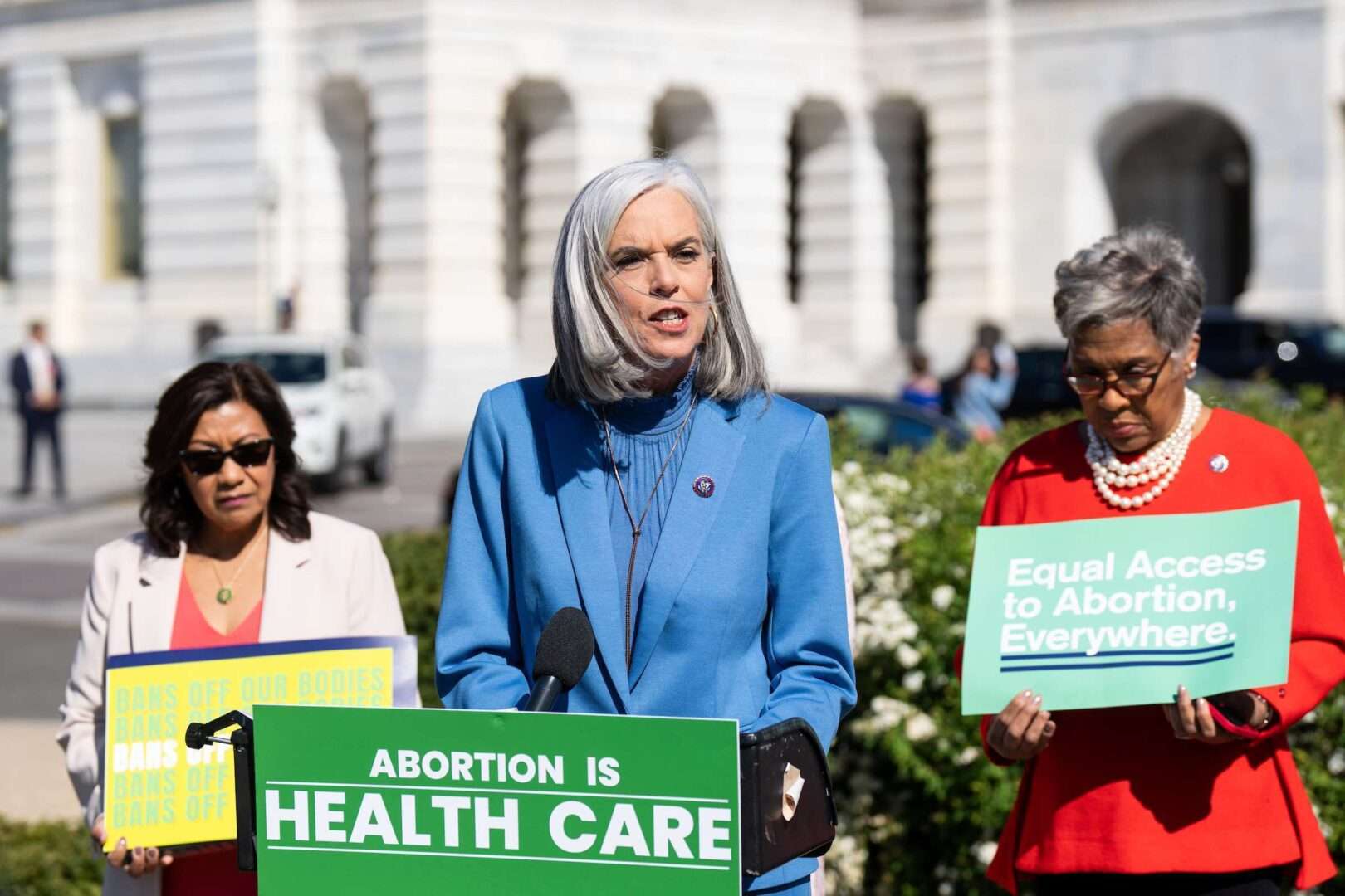 House Minority Whip Katherine M. Clark, D-Mass., speaks Wednesday outside the Capitol regarding access to abortion medication.