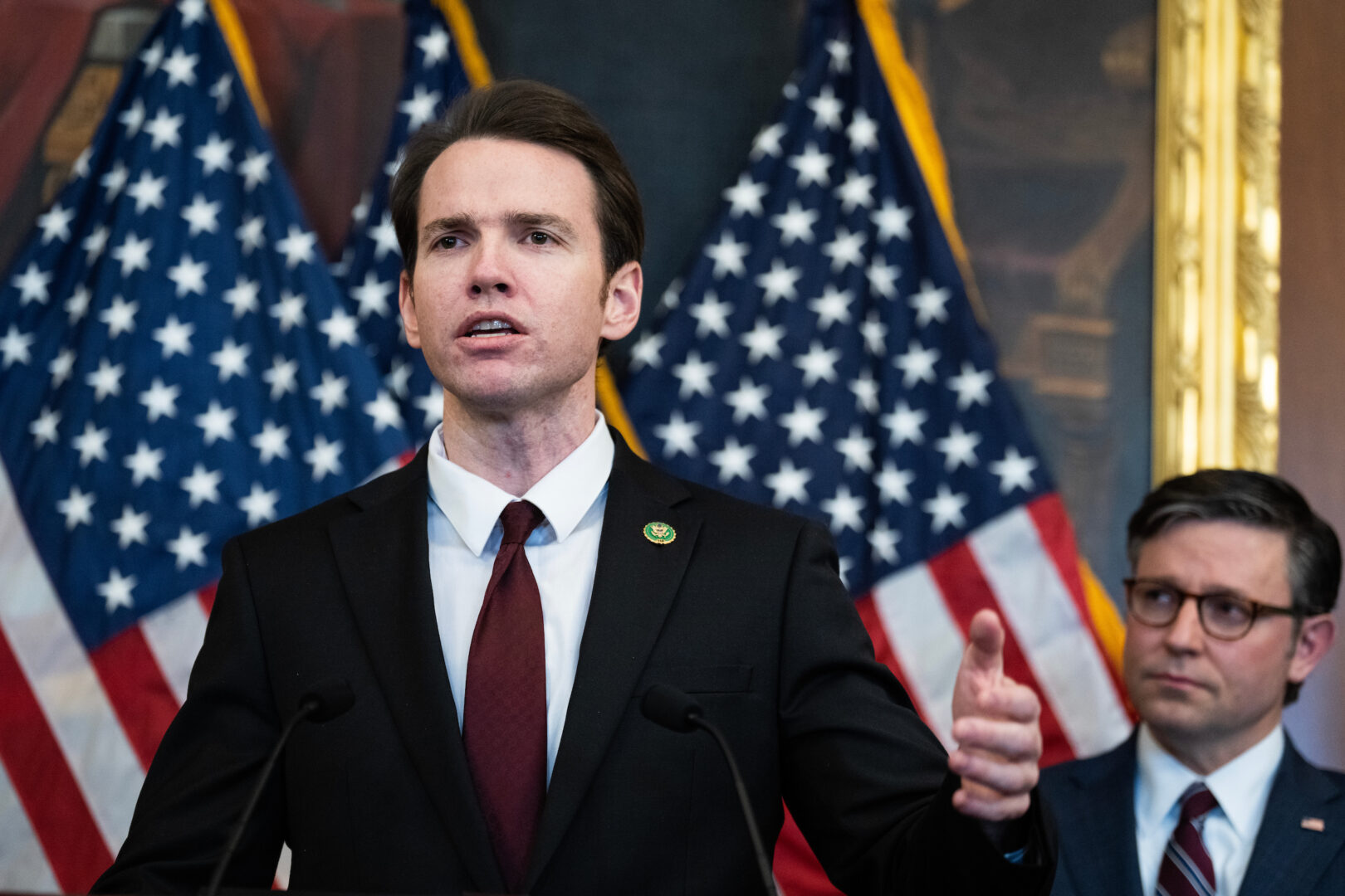 California Republican Rep. Kevin Kiley, pictured at a news conference with Speaker Mike Johnson in December, is one of nine House members whose battleground districts include part of Interstate 80.