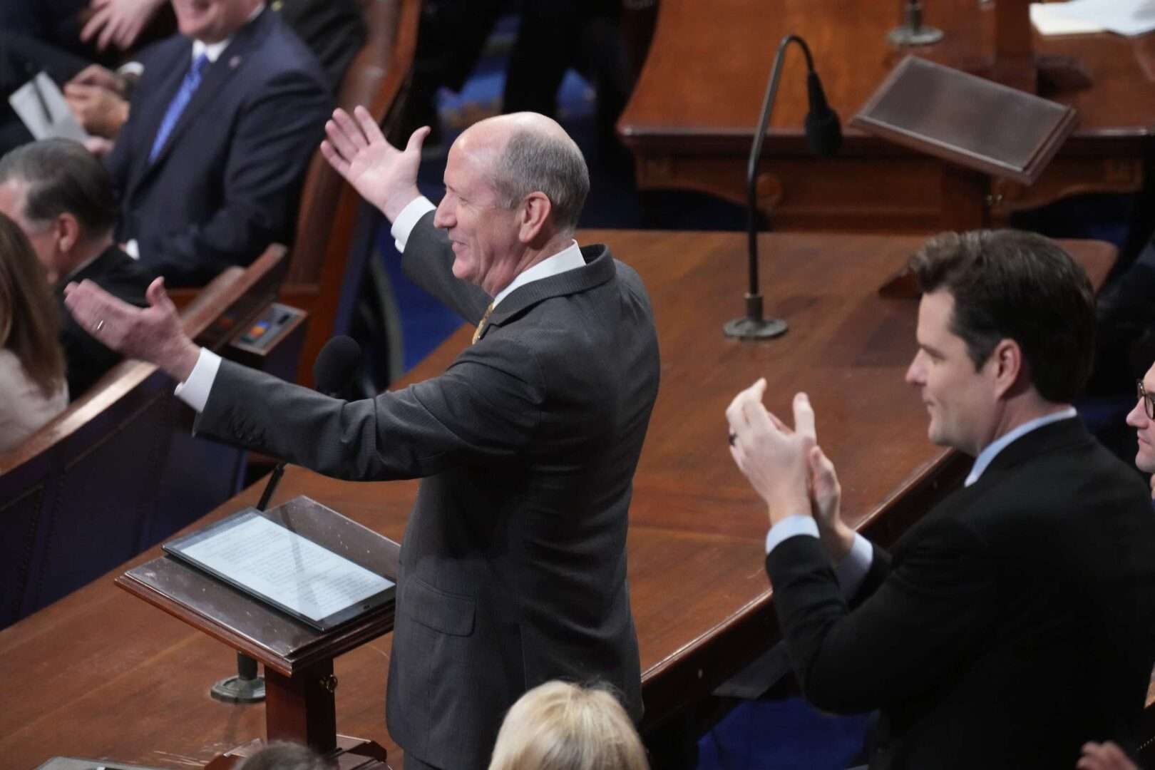 North Carolina Republican Dan Bishop nominates Florida's Byron Donalds for speaker on Thursday. Florida Republican Matt Gaetz applauds.