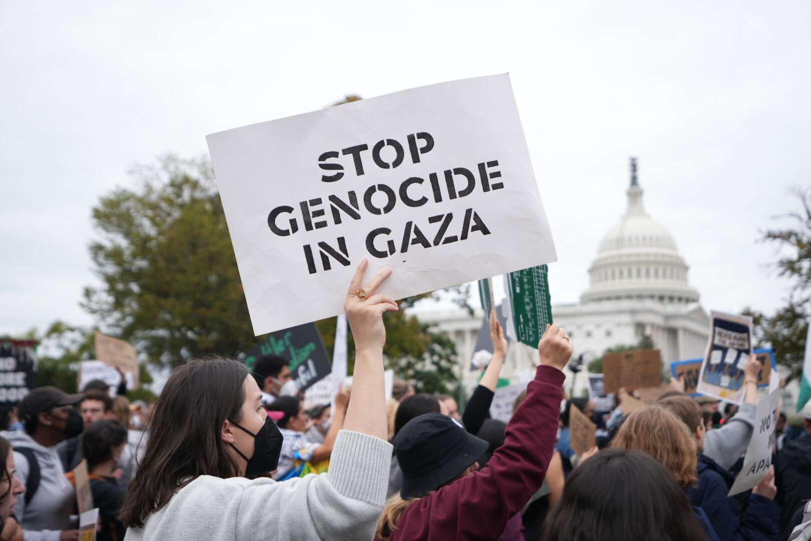 Protesters gather near the Cannon House Office Building on Wednesday urging a ceasefire in Gaza.