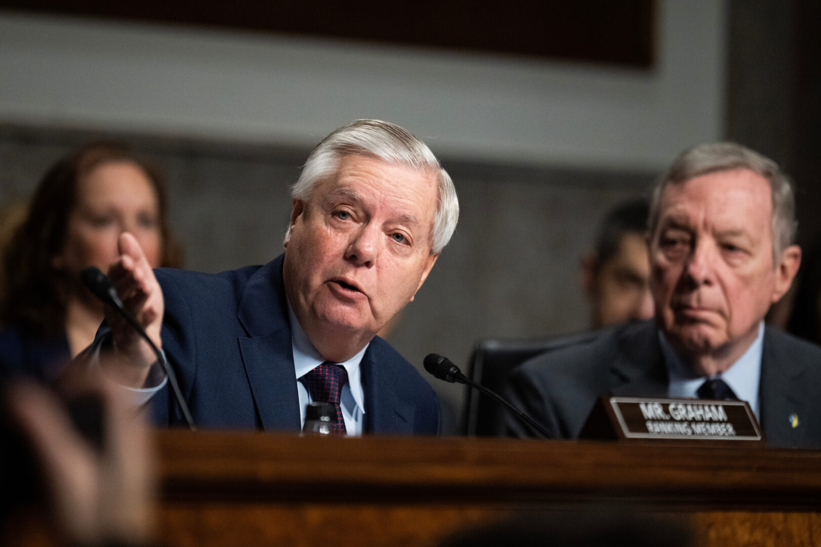 Ranking member Sen. Lindsey Graham, R-S.C., left, and Chair Richard J. Durbin, D-Ill., conduct the Senate Judiciary Committee hearing titled “Big Tech and the Online Child Sexual Exploitation Crisis,” on Jan. 31.