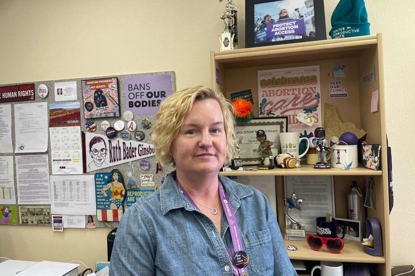 Tammi Kromenaker, director of Red River Women's clinic, poses in her office at the clinic in Moorhead, Minn., on April 13, 2023. 