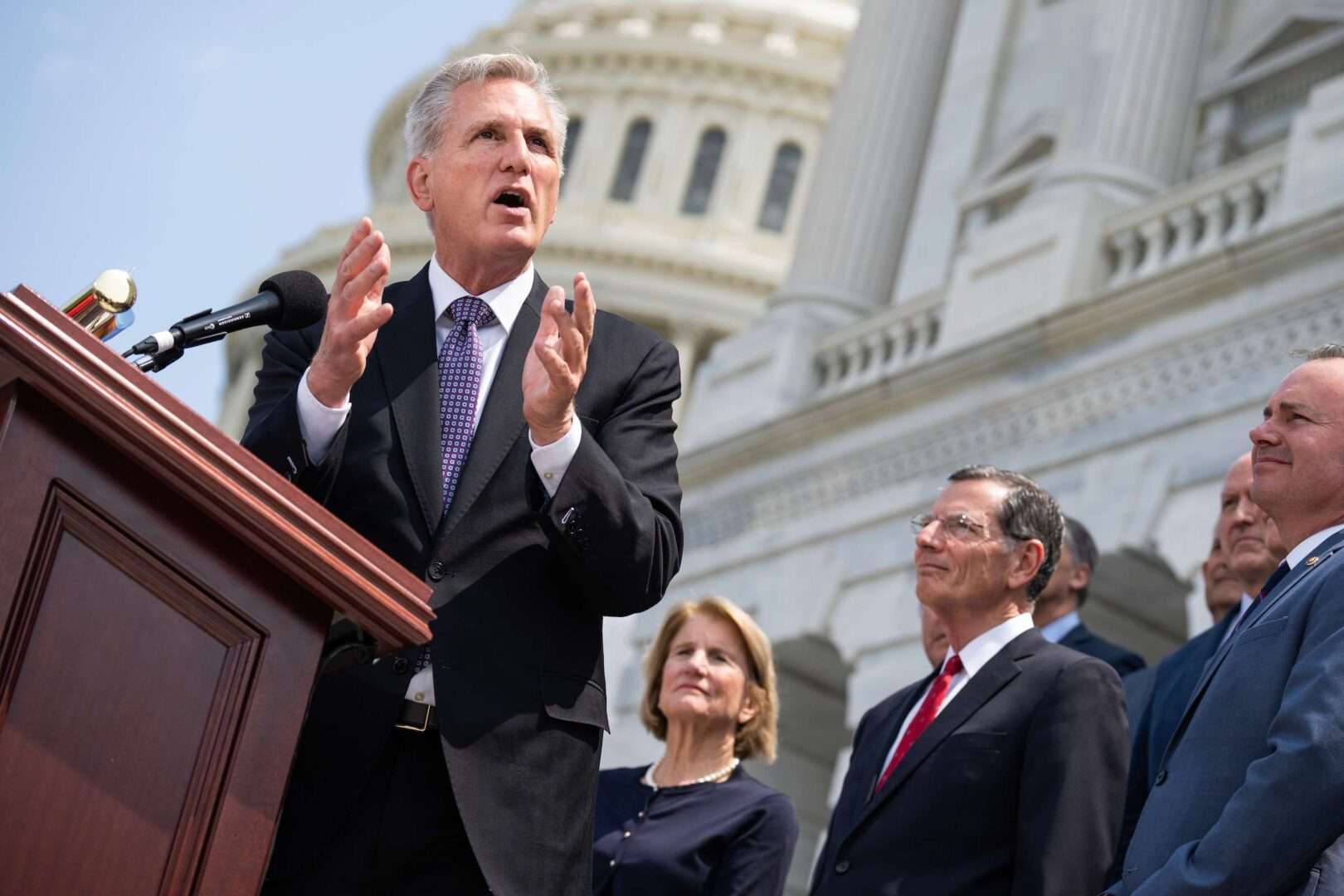 Speaker Kevin McCarthy, R-Calif., conducts a news conference with House and Senate Republicans on the west terrace of the Capitol on Wednesday.