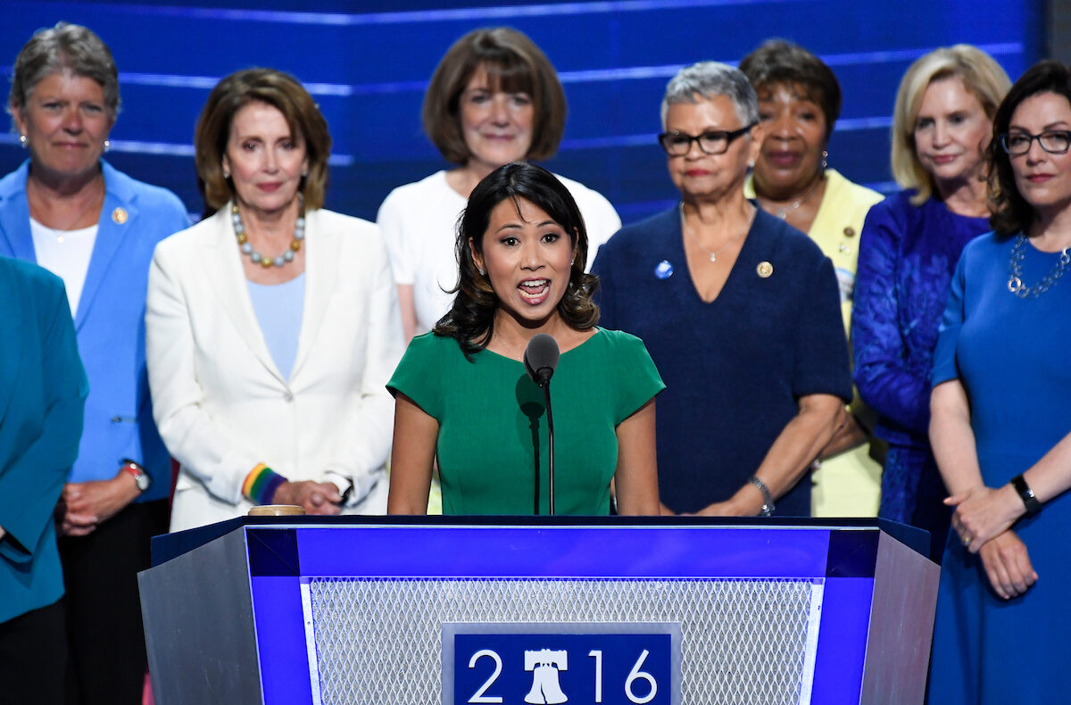 Stephanie Murphy, then-candidate for Congress from Florida, speaks while flanked by the House Democratic women at the Democratic National Convention in Philadelphia on July 26, 2016. 