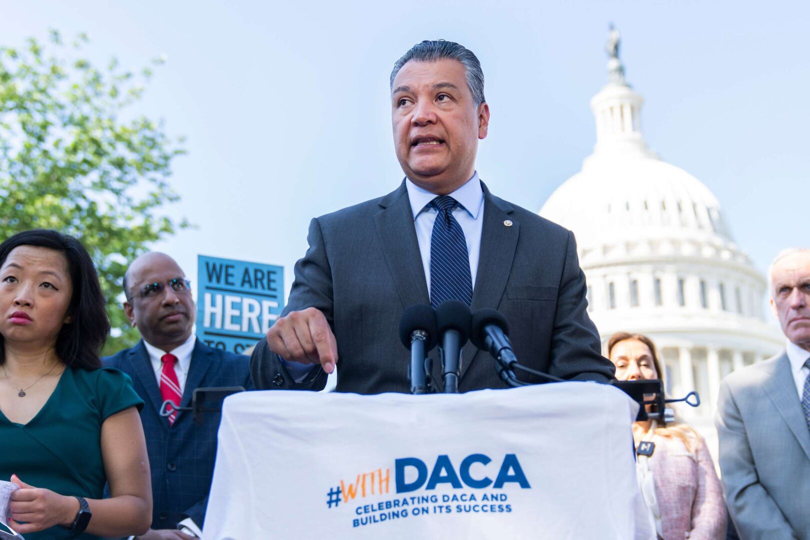 California Democratic Sen. Alex Padilla speaks during a rally in June to urge Congress to enshrine protections for so-called Dreamers.
