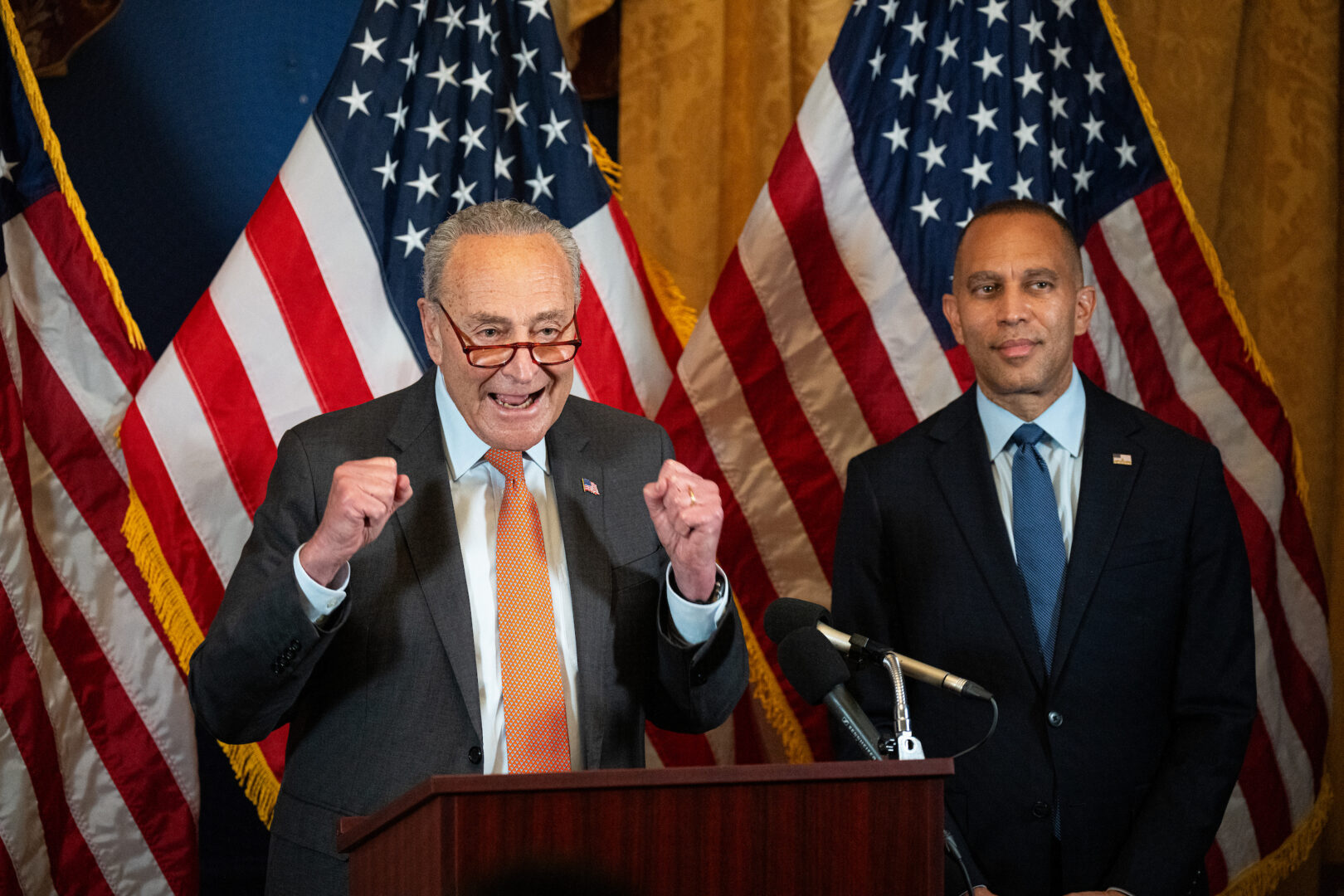 Senate Majority Leader Charles E. Schumer, D-N.Y., left, and House Minority Leader Hakeem Jeffries, D-N.Y., hold a news conference at the Democratic Senatorial Campaign Committee to endorse Vice President Kamala Harris for president on Tuesday. 