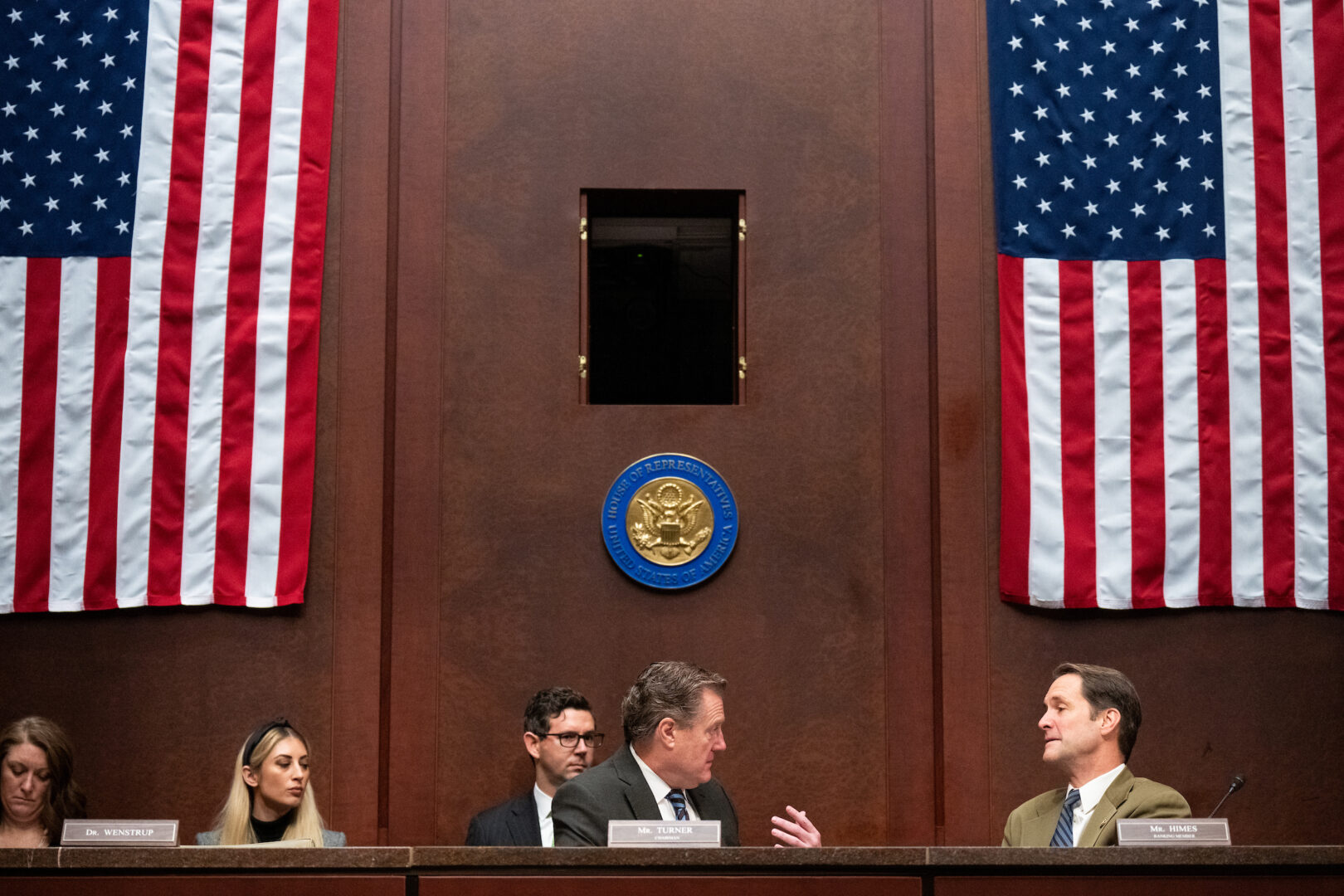 Chairman Rep. Mike Turner, R-Ohio, center, speaks with ranking member Rep. Jim Himes, D-Conn.,right, before the start of a House Select Intelligence Committee markup of a bill Thursday to reauthorize Section 702 of the Foreign Intelligence Surveillance Act. 