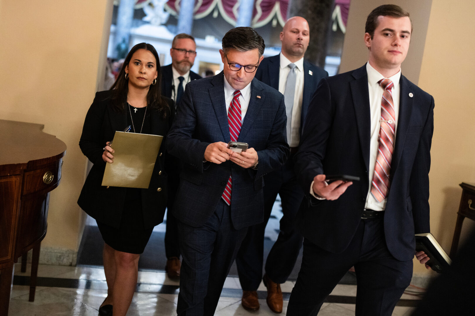 Speaker Mike Johnson, R-La., is seen in the Capitol before the House voted to reauthorize Section 702 of the Foreign Intelligence Surveillance Act on Friday.