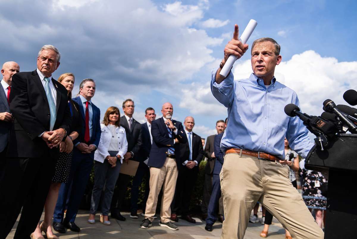 Rep. Scott Perry, R-Pa., conducts a news conference with members of the House Freedom Caucus on government funding outside the U.S. Capitol on Tuesday, September 12, 2023.