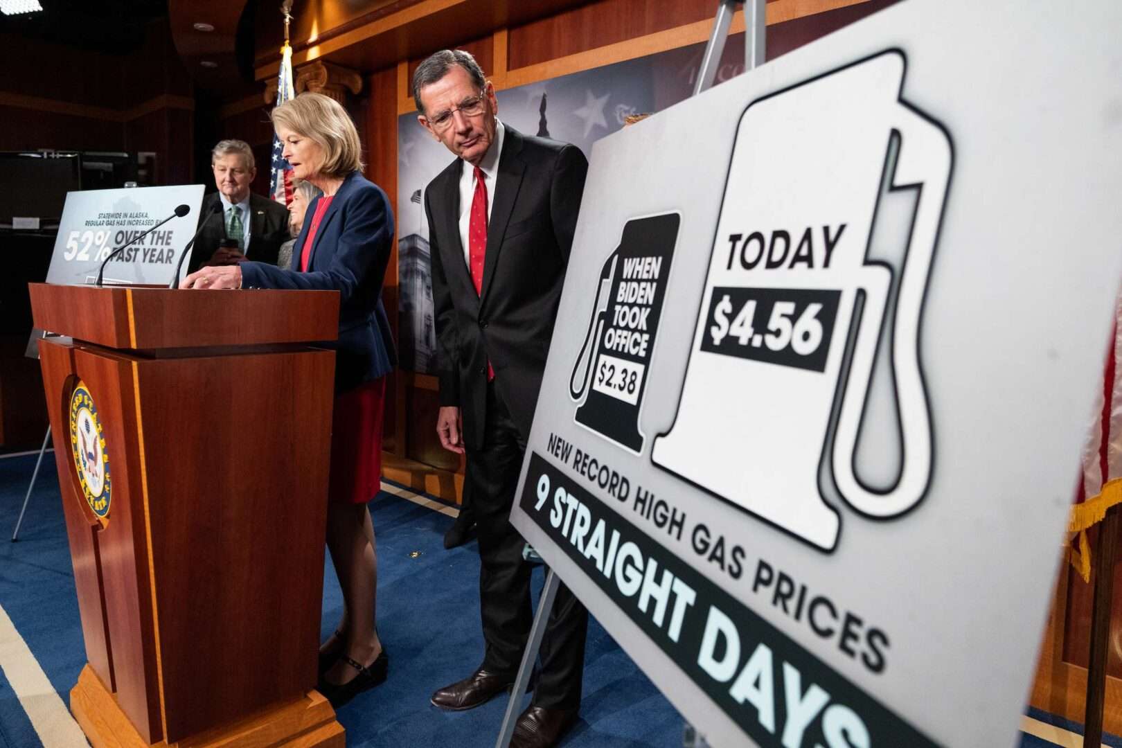 From left, Sen. John Kennedy, R-La., Sen. Lisa Murkowski, R-Alaska, and Sen. John Barrasso, R-Wyo., hold a news conference in the Capitol on gas prices on May 18, 2022.