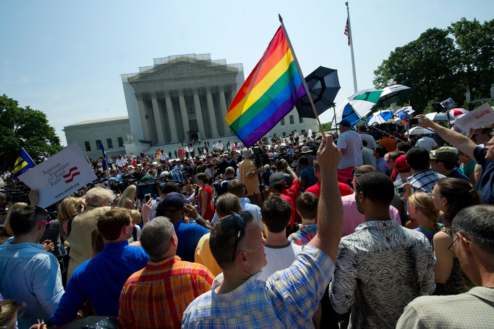 A crowd gathers in front of the Supreme Court building on June 26, 2013, ahead of a key ruling that struck down parts of the so-called Defense of Marriage Act. Gay conservatives were early and important voices in the fight to legalize same-sex marriage, according to a recent book. 