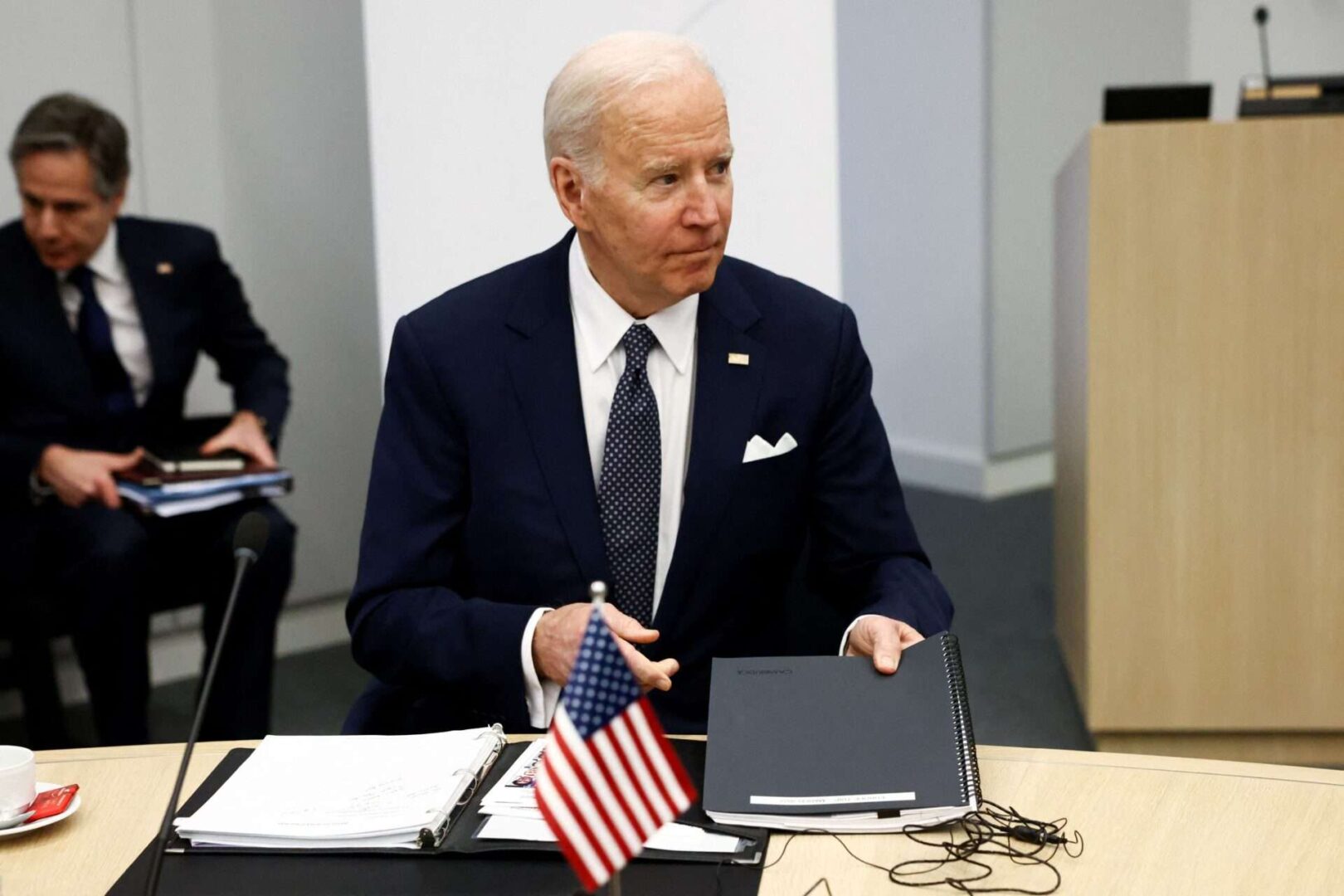 President Joe Biden attends a G7 leaders meeting on Thursday during a NATO summit on Russia's invasion of Ukraine, at the alliance's headquarters in Brussels. 