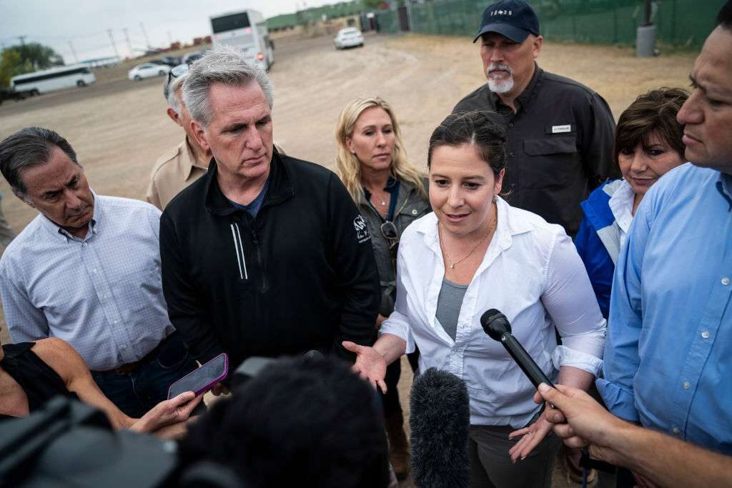 From left, Republican Reps. Gary Palmer, Kevin McCarthy, Marjorie Taylor Greene, Elise Stefanik, Chip Roy, Diana Harshbarger and Tony Gonzales speak to reporters outside U.S. Border Patrol Eagle Pass South Station during a tour of the U.S.-Mexico border in April.
