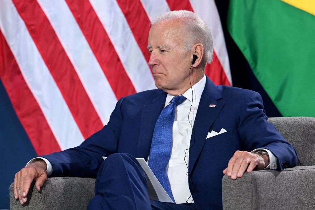 President Joe Biden listens during a bilateral meeting Thursday with Brazilian President Jair Bolsonaro at the 9th Summit of the Americas in Los Angeles. 