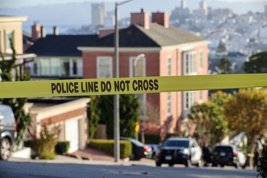 Police take measurements House Speaker Nancy Pelosi's home in San Francisco after her husband, Paul Pelosi, was assaulted with hammer inside the residence in the early morning Friday. 