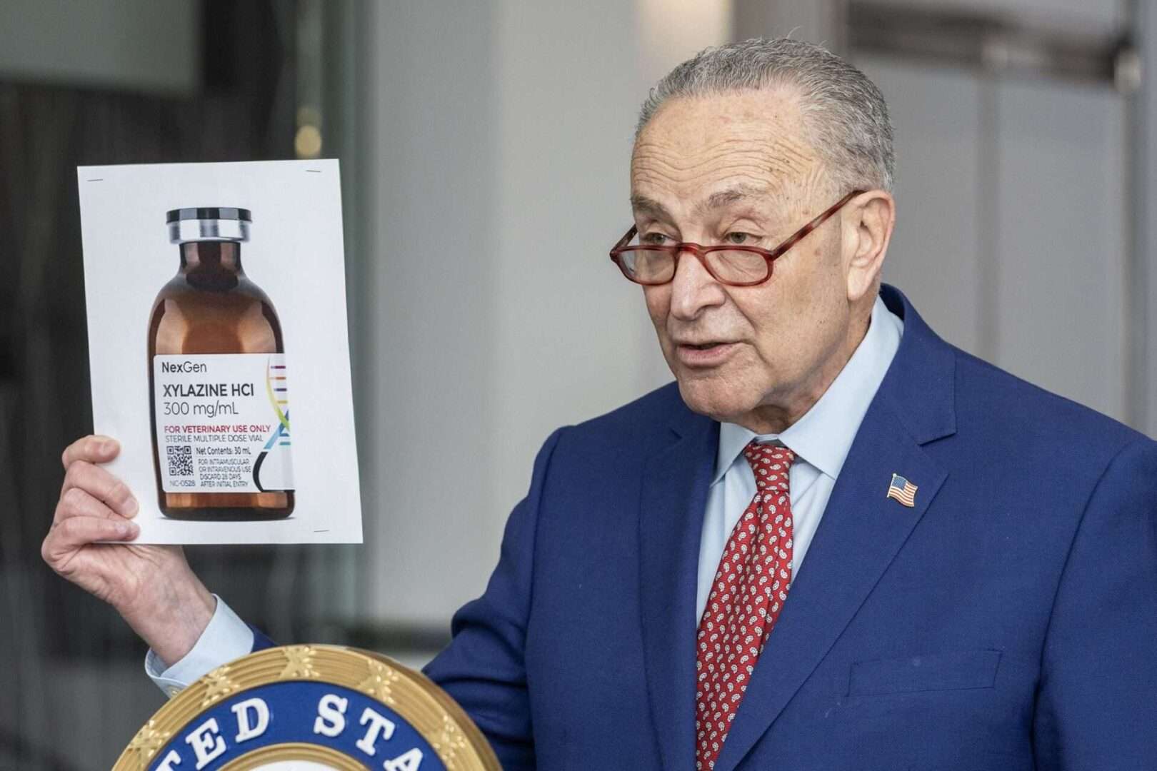 Senate Majority Leader Charles E. Schumer, D-N.Y., warns of the emerging threat of xylazine. The Biden administration on Wednesday announced it was designating the animal tranquilizer "an emerging threat."