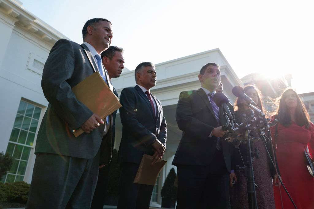 Rep. Raul Ruiz, D-Calif., center, the chairman of the Congressional Hispanic Caucus, speaks alongside other members outside of the West Wing after a meeting with U.S. President Joe Biden on Monday. 