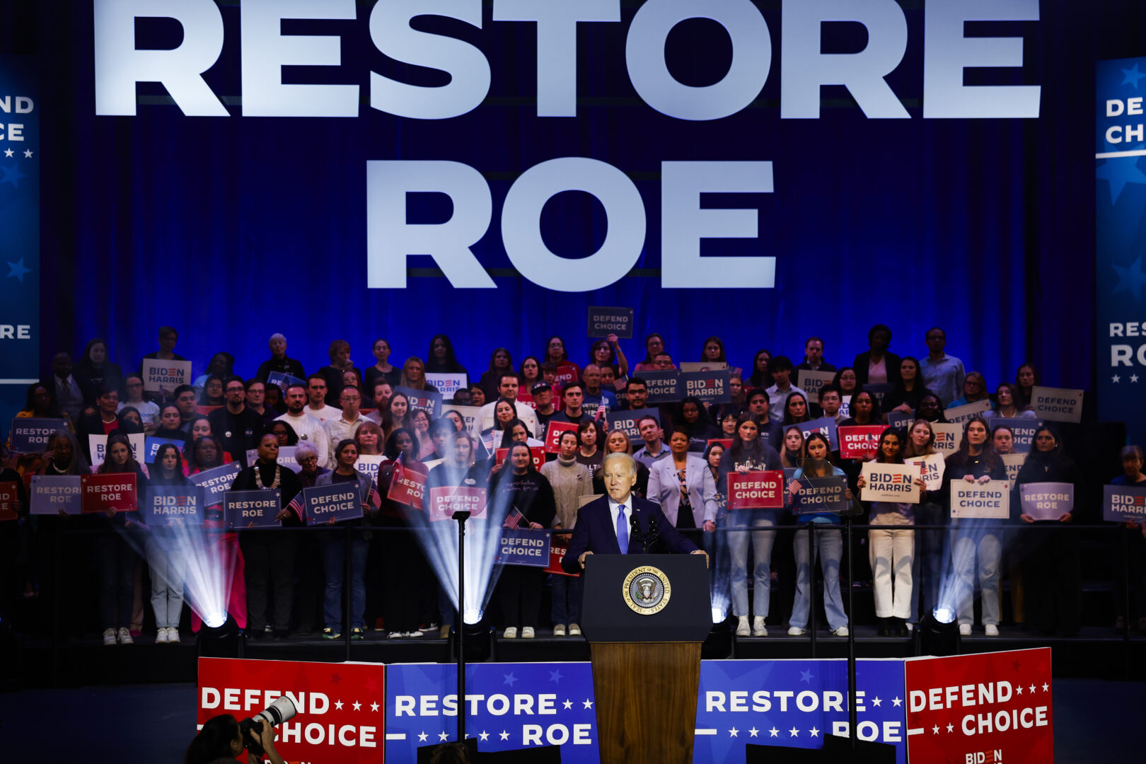 President Joe Biden speaks at a ”Reproductive Freedom Campaign Rally" at George Mason University on Tuesday in Manassas, Va. During the first joint rally held by the president and vice president, Biden and Kamala Harris spoke on what they perceive as a threat to reproductive rights. 