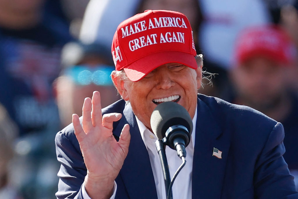 Republican presidential candidate and former President Donald Trump speaks Saturday during a Buckeye Values PAC rally in Vandalia, Ohio. 