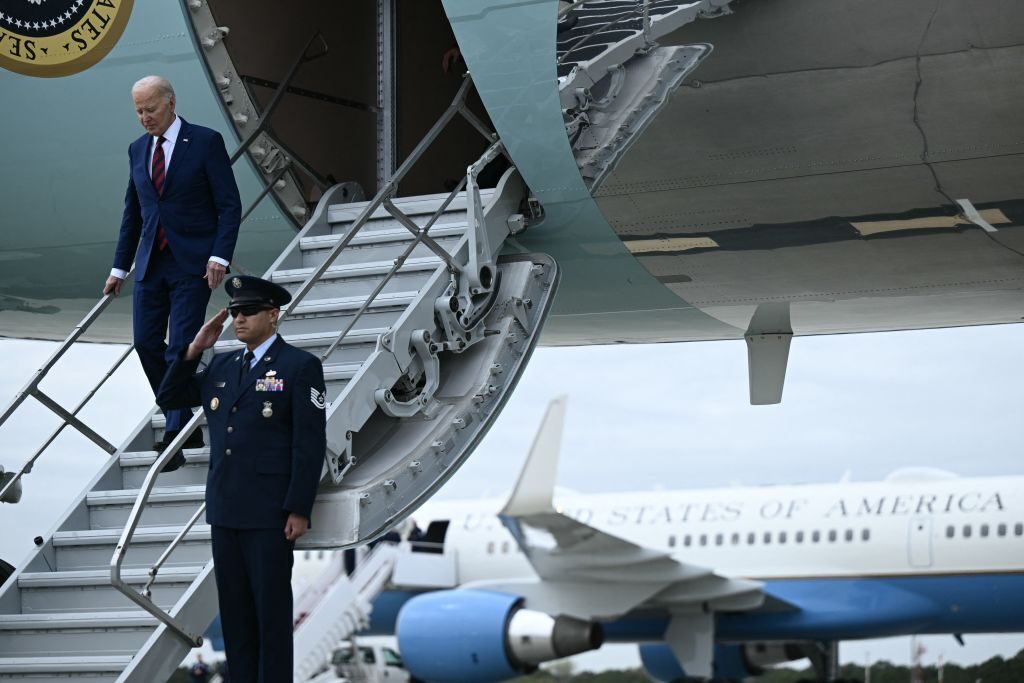 President Joe Biden exits Air Force One upon arrival at Raleigh-Durham International Airport in Raleigh, N.C., on Tuesday. 