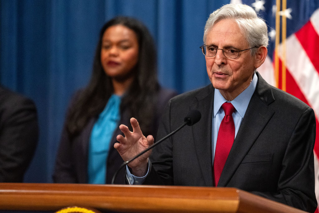 Attorney General Merrick B Garland takes questions from reporters during a news conference at Justice Department headquarters Thursday about an antitrust lawsuit that seeks to break up Live Nation. 