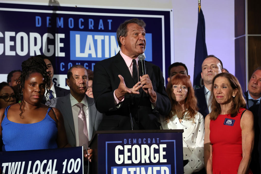 Westchester County Executive George Latimer speaks to supporters in White Plains, N.Y., after winning the  Democratic primary in New York's 16th District on Tuesday.