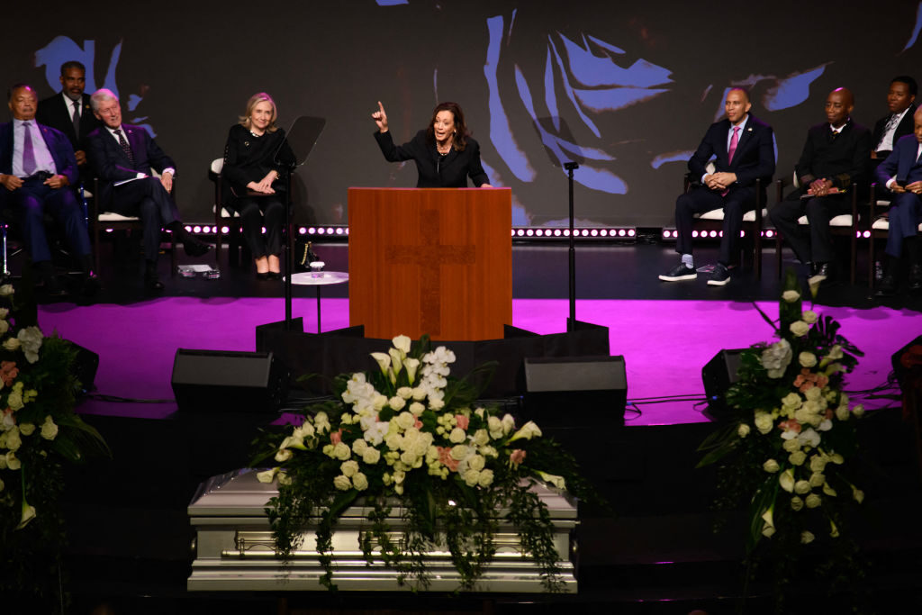 Vice President and Democratic presidential candidate Kamala Harris delivers a eulogy for Rep. Sheila Jackson Lee at Fallbrook Church in Houston on Thursday.  