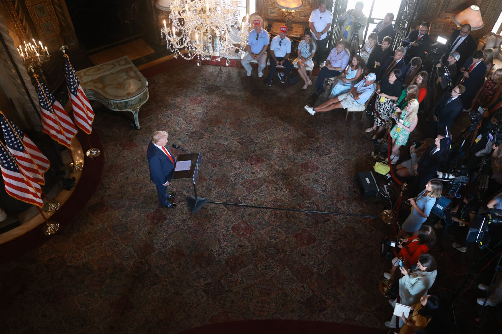 Republican presidential nominee and former President Donald Trump speaks during a news conference at his Mar-a-Lago estate in Florida on Thursday.