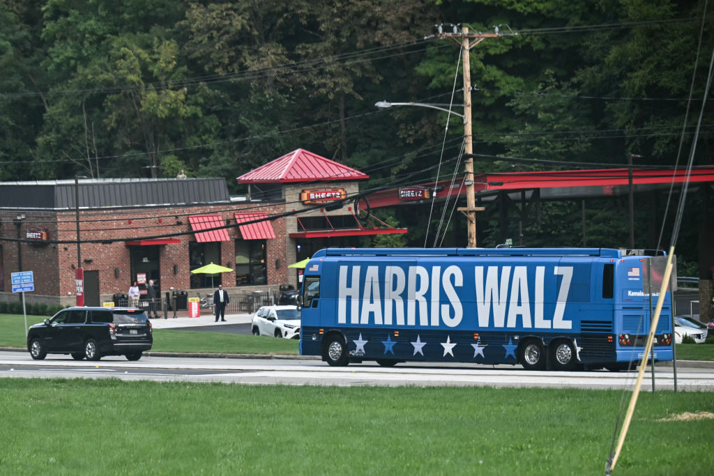 The campaign bus of Vice President Kamala Harris arrives at a Sheetz service station in Coraopolis, Pa., on Aug. 18.