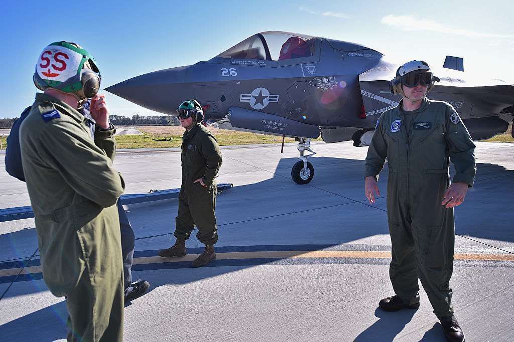 Ground crew maneuver an F-35B Lightning II combat aircraft at Marine Corps Air Station Beaufort in South Carolina on March 8, 2016. The fighter requires more than 900 pounds of rare earth materials.