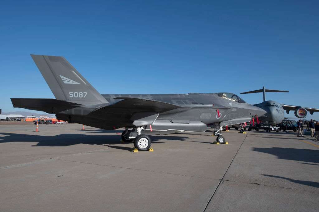 A U.S. Air Force F-35 Lightning II fighter jet on display at Luke Air Force Base near Phoenix, Arizona in 2018. The House draft NDAA bill endorses Biden's request for 61 additional F-35 fighters. 