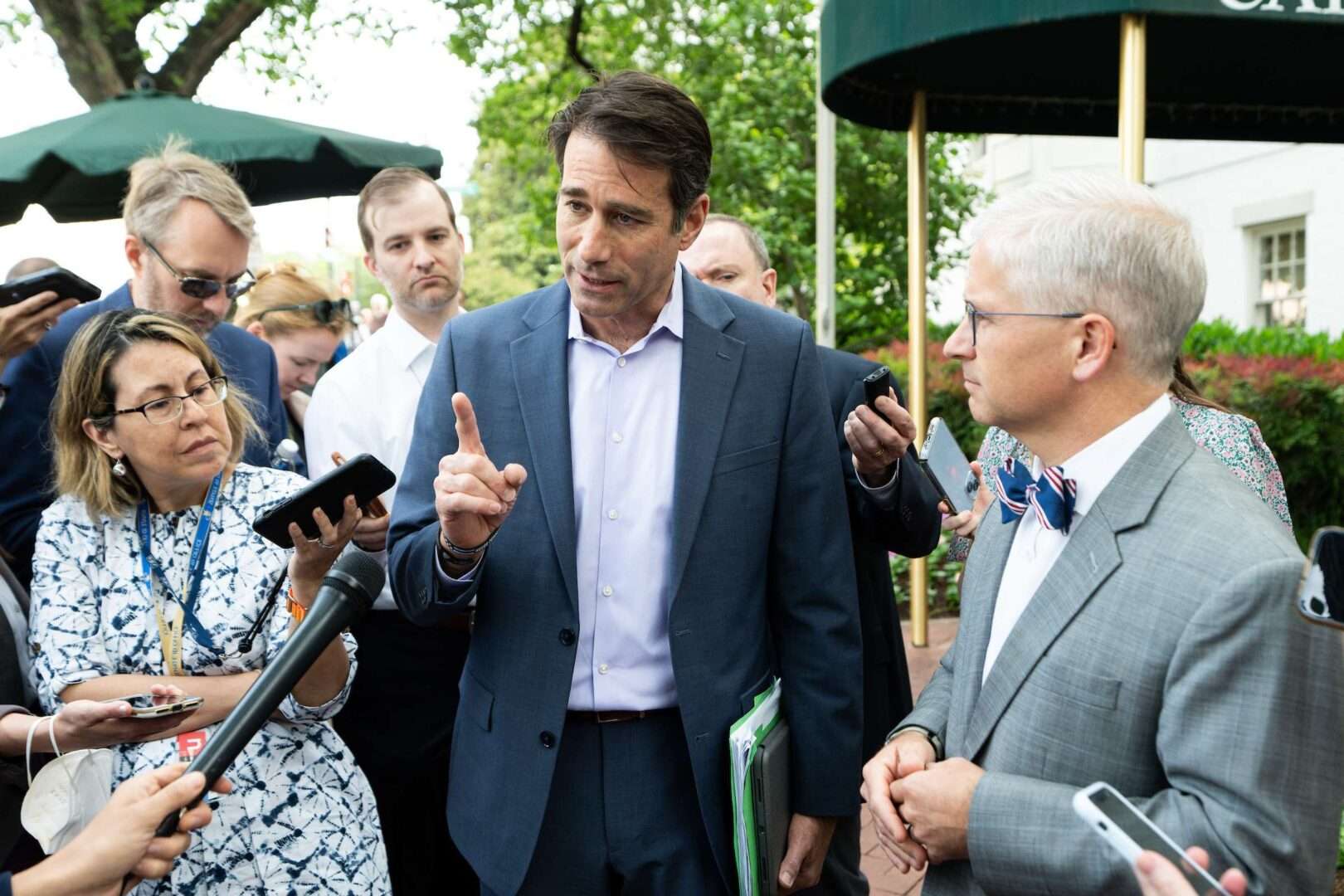 Reps. Garret Graves, R-La., left, and Patrick T. McHenry, R-N.C., speak to reporters about debt ceiling negotiations as they leave the House Republicans’ conference meeting at the Capitol Hill Club in Washington on Tuesday, May 23, 2023.