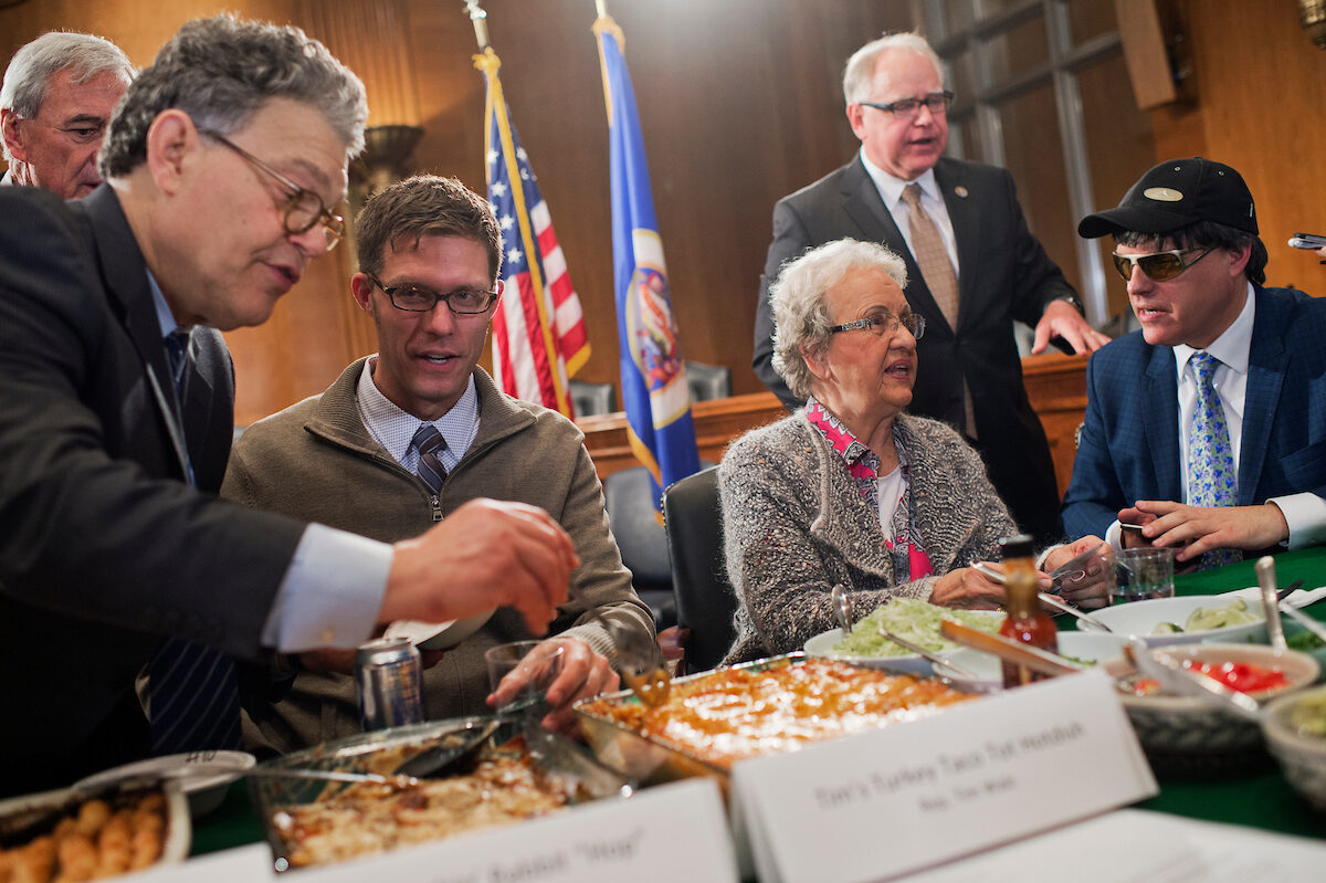 From left, Democratic Rep. Rick Nolan and Sen. Al Franken; Minnesota natives Ryan Jensen of Peregrine Espresso and Dorothy Sietsema; Democratic Rep. Tim Walz, who won with his “Tim's Turkey Taco Tot Hotdish”; and Sietsema's son, Washington Post food critic Tom Sietsema, attend the sixth annual Minnesota congressional delegation’s hotdish competition in the Dirksen Senate Office Building on May 11, 2016. Jensen and the Sietsemas acted as judges.