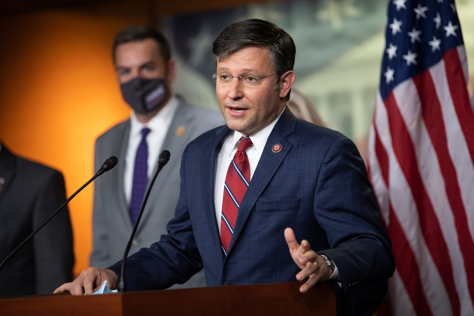 Rep. Mike Johnson, R-La., speaks during a 2020 news conference with other members of the House Republican leadership. 