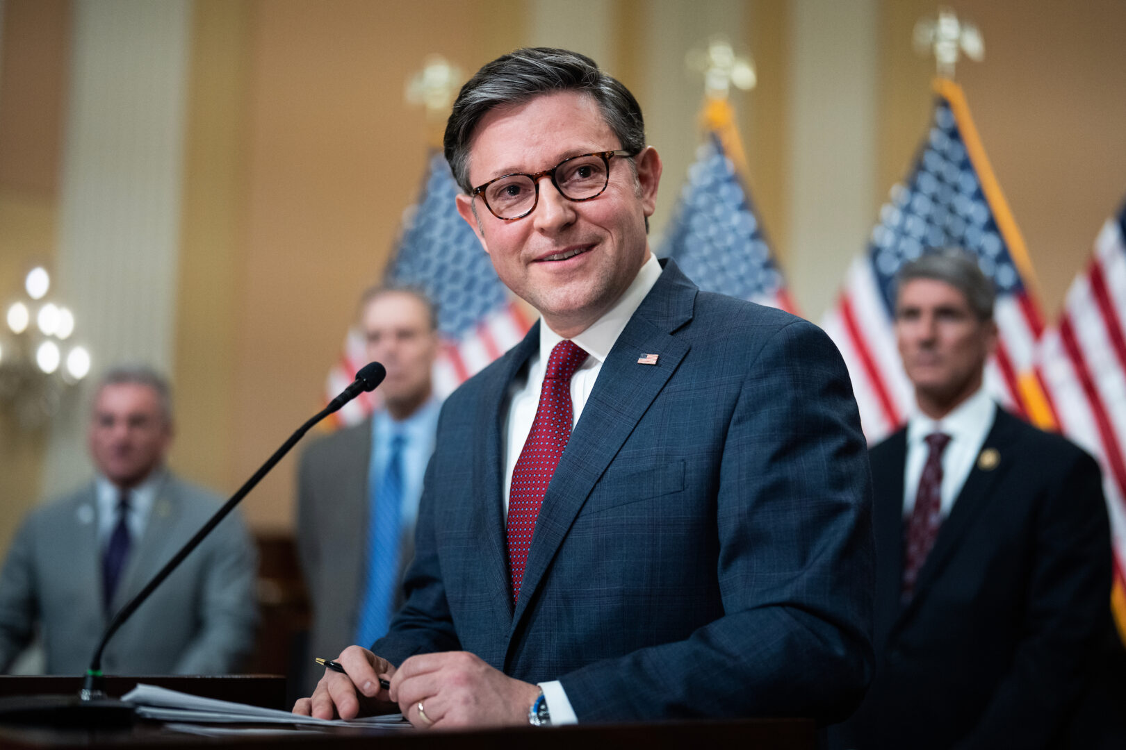 Speaker Mike Johnson, R-La., conducts a news conference with members of the House Republican Conference in the Cannon House Office Building on Wednesday. 