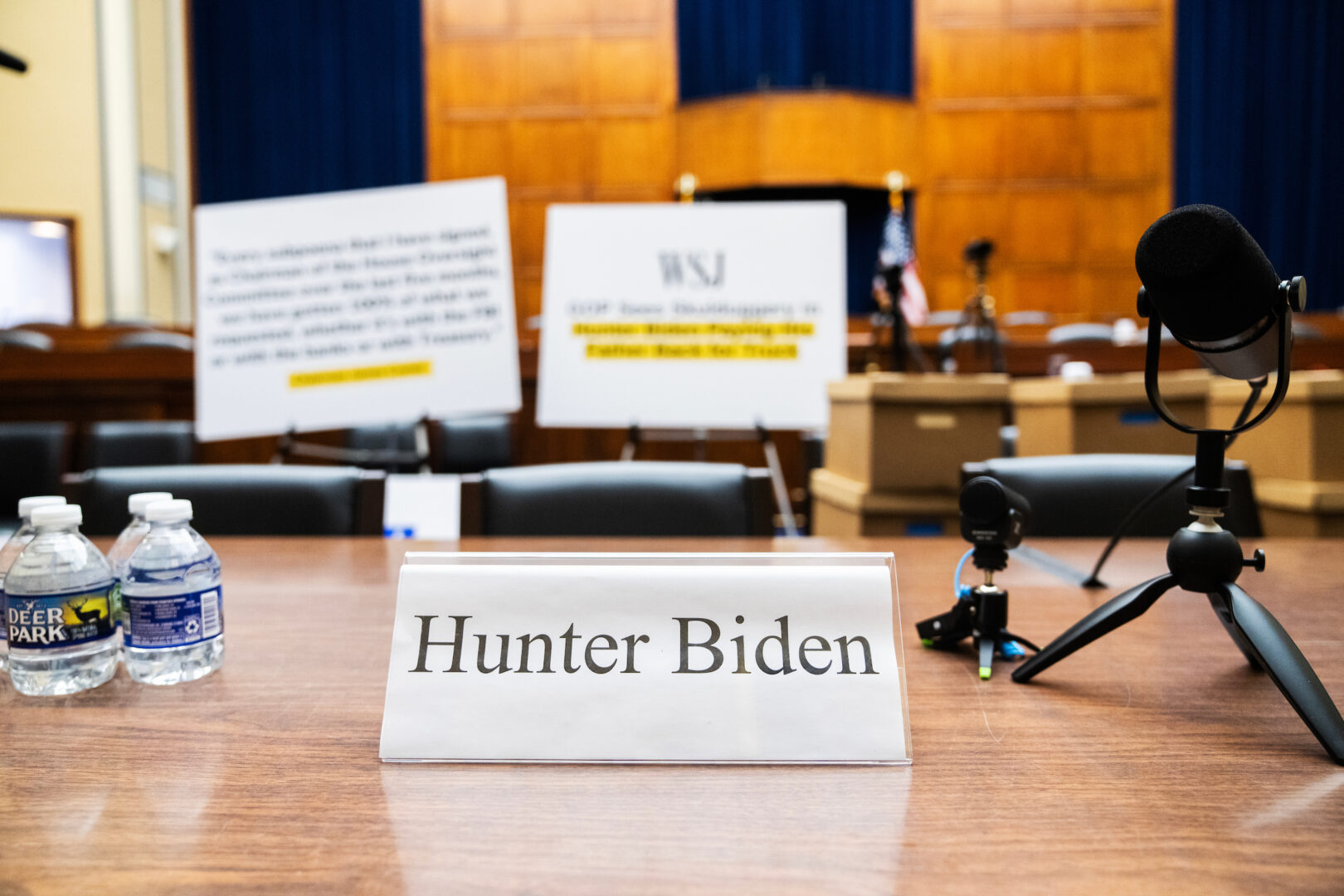 A nameplate for Hunter Biden, the son of President Joe Biden, appears in the House Oversight and Accountability Committee hearing room in December after the committee demanded he testify at a closed-door deposition.