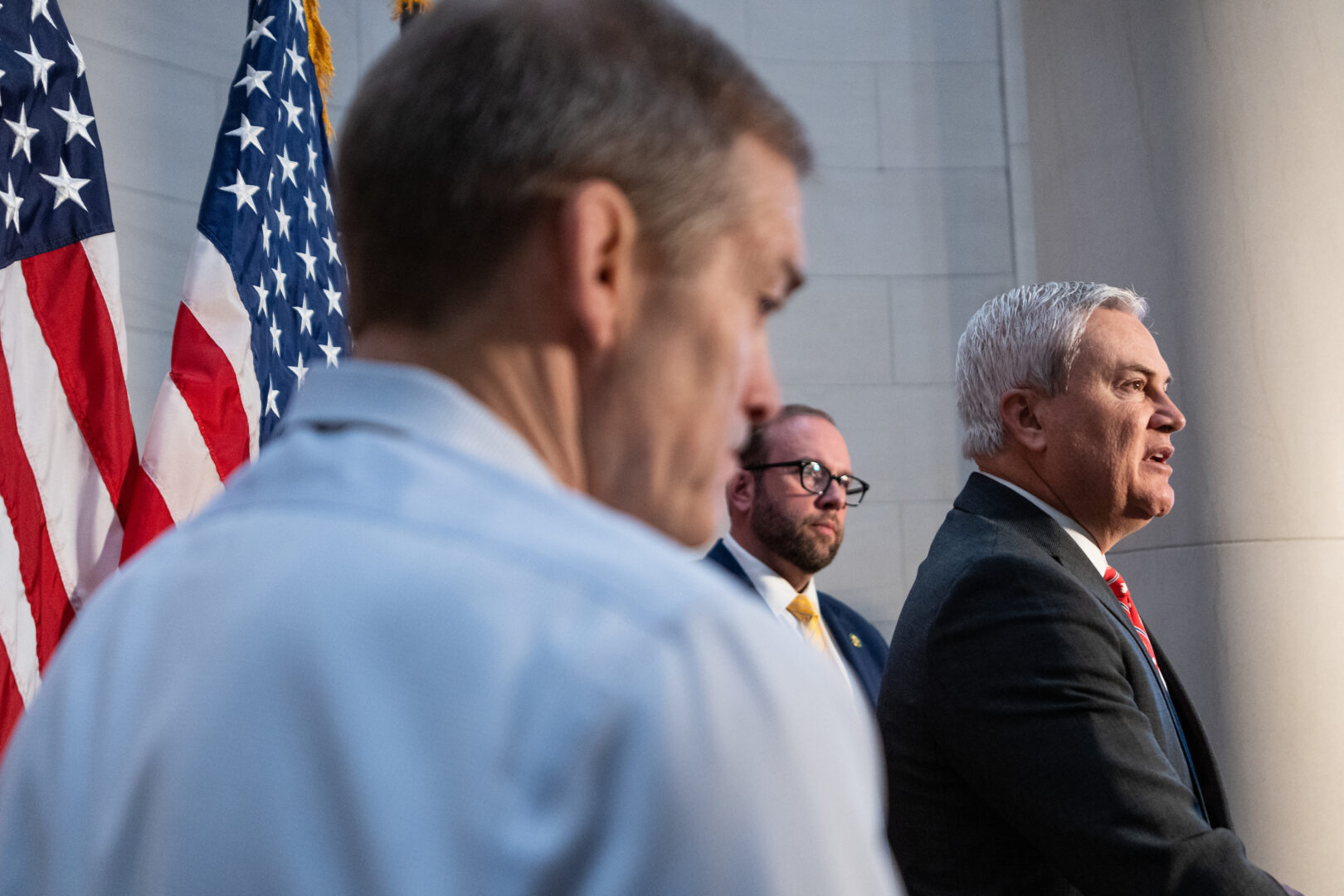 From left, House Judiciary Chairman Jim Jordan, Ways and Means Chairman Jason Smith, and Oversight and Accountability Chairman James R. Comer hold a press briefing Tuesday on a President Joe Biden impeachment inquiry.