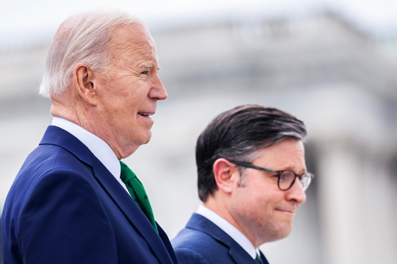 President Joe Biden, left, and Speaker Mike Johnson, R-La., right,  face an election-year clash over the president's fiscal 2025 budget.