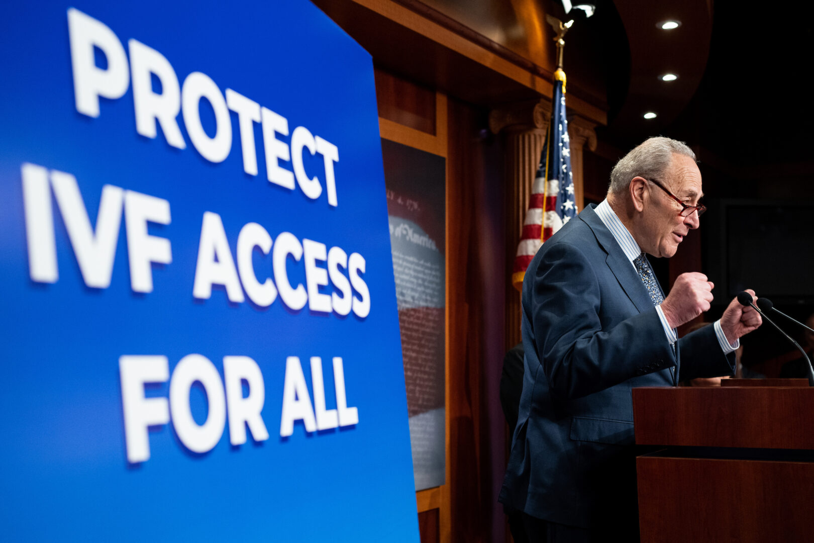 Senate Majority Leader Charles E. Schumer, D-N.Y., speaks during Senate Democrats’ news conference in the Capitol on Feb. 27 to discuss the Alabama Supreme Court ruling on in vitro fertilization.