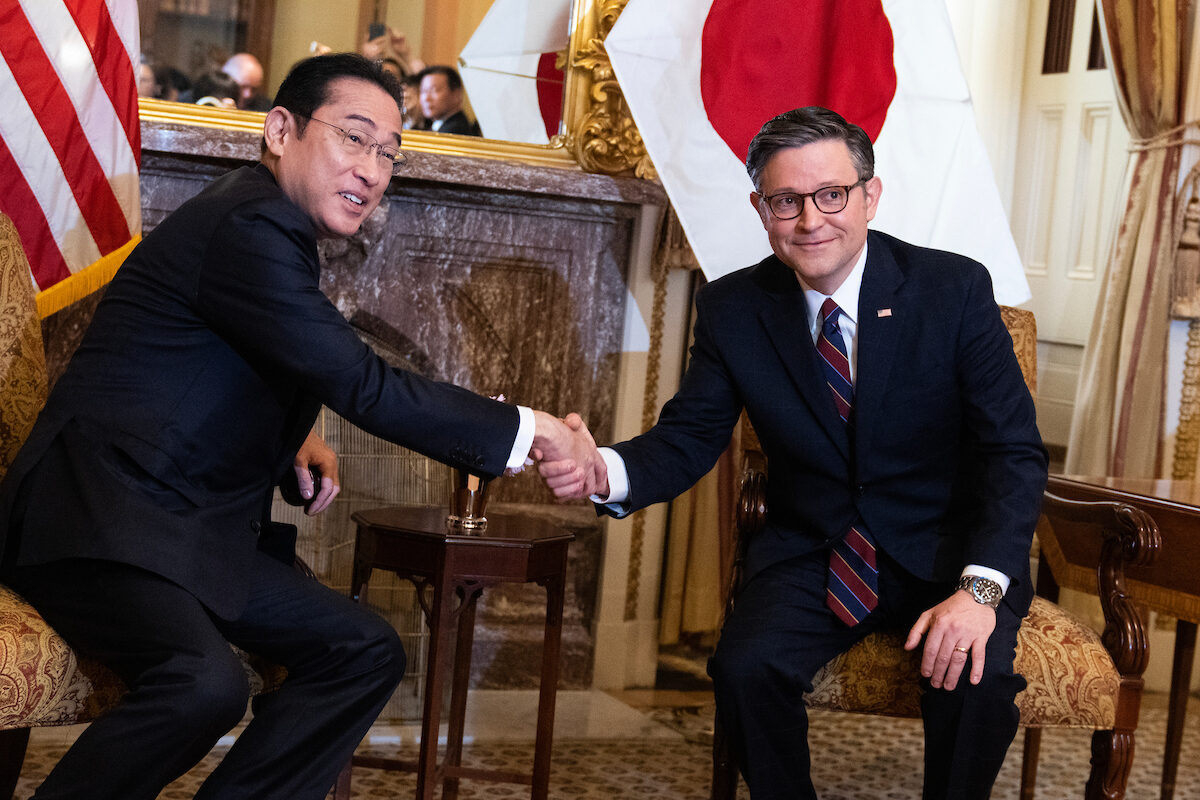 Japanese Prime Minister Fumio Kishida, left, and Speaker Mike Johnson pose for a photo before Kishida addressed a joint meeting of Congress on Thursday.