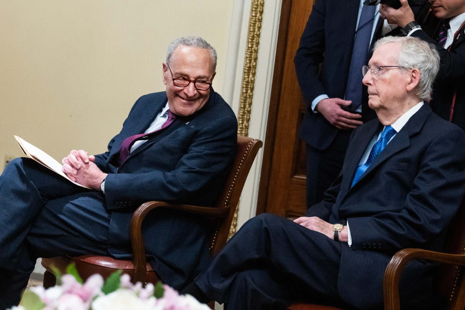 Senate Majority Leader Charles E. Schumer, D-N.Y., left, and Senate Minority Leader Mitch McConnell, R-Ky., attend a photo op with Prime Minister Fumio Kishida last week. 